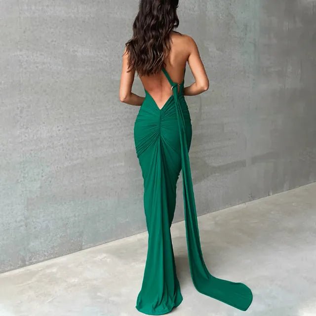 Backless Maxi Dress Oblique Shoulder Sleeveless - Elegantix Boutique