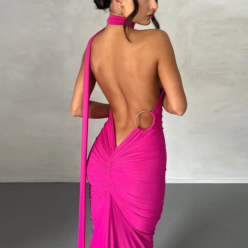 Backless Maxi Dress Oblique Shoulder Sleeveless - Elegantix Boutique