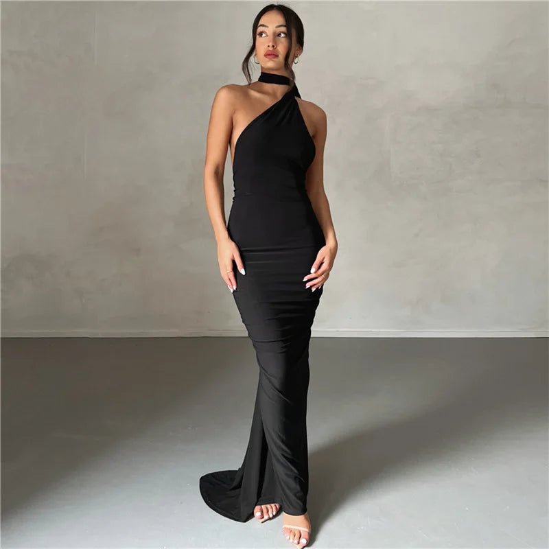 Backless Maxi Dress Oblique Shoulder Sleeveless - Elegantix Boutique