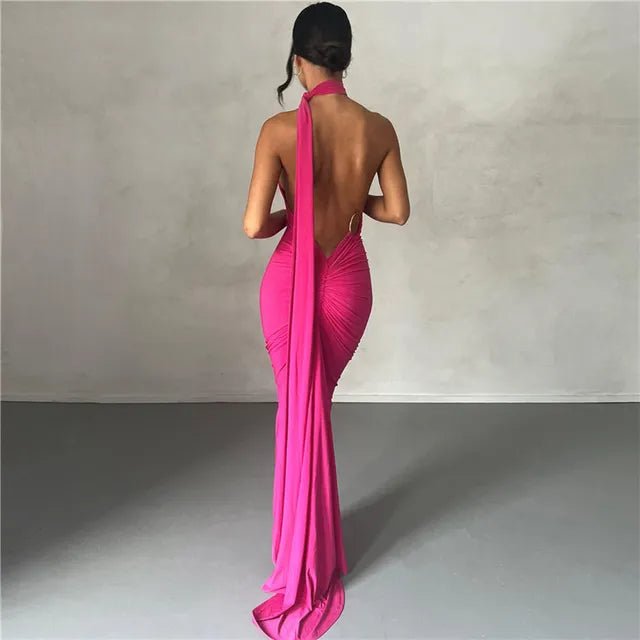 Backless Maxi Dress Oblique Shoulder Sleeveless - Elegantix Boutique