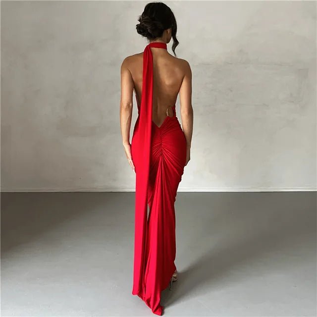 Backless Maxi Dress Oblique Shoulder Sleeveless - Elegantix Boutique