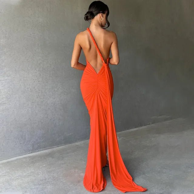 Backless Maxi Dress Oblique Shoulder Sleeveless - Elegantix Boutique