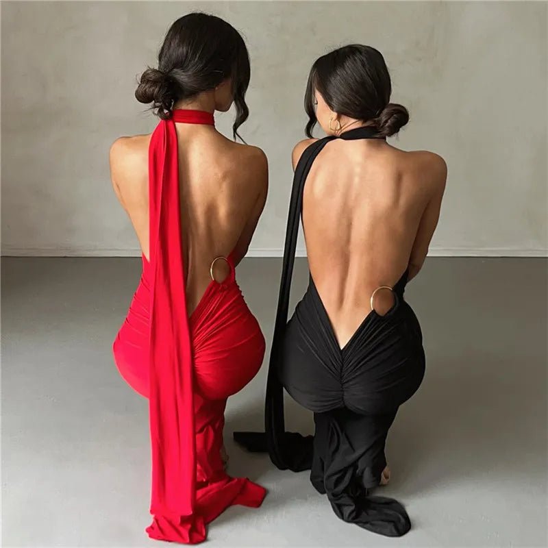 Backless Maxi Dress Oblique Shoulder Sleeveless - Elegantix Boutique