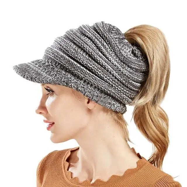 Ponytail Warm Knitted Beanie With Visor