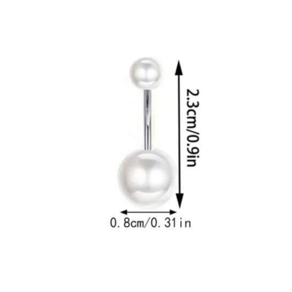 Pearl belly button ring with measurements on a white background