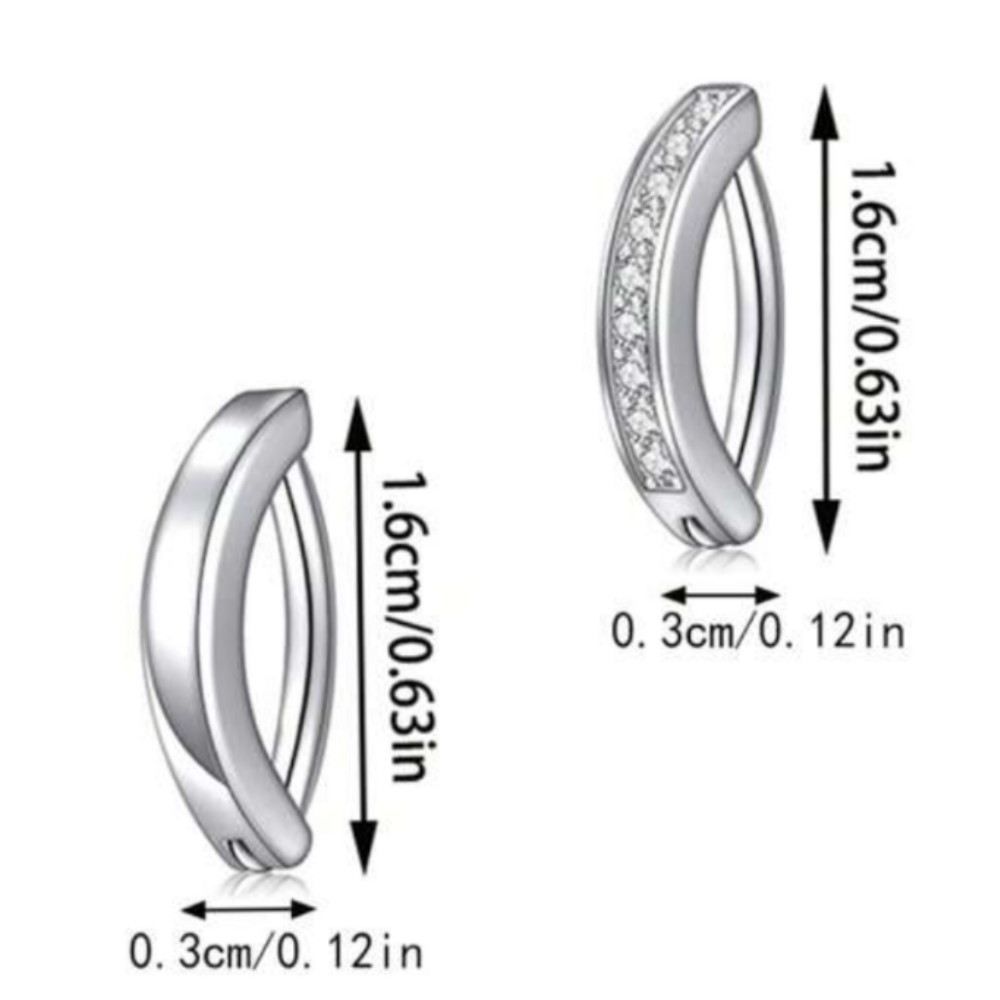 Silver hoop earrings with dimensions labeled on a white background
