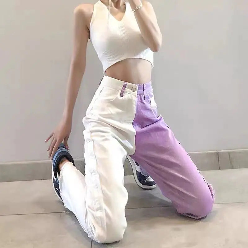 White Purple Casual Straight Tube Pants