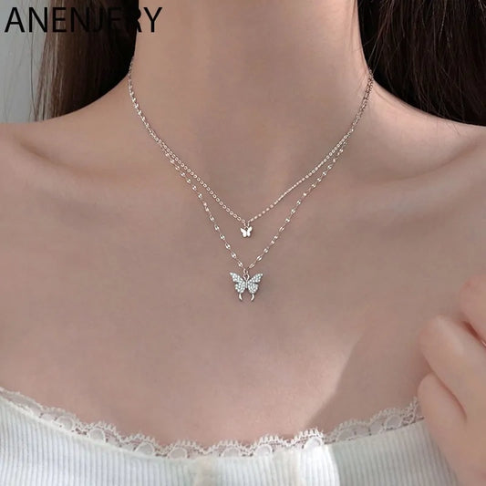 Butterfly Necklace, double Layered - 925 Sterling Silver CZ