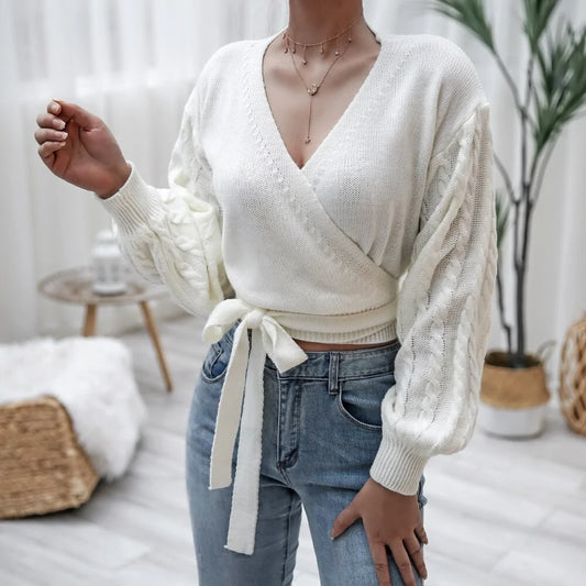 V-Neck Bandage Cross Wrap Women's Knitted Sweaters