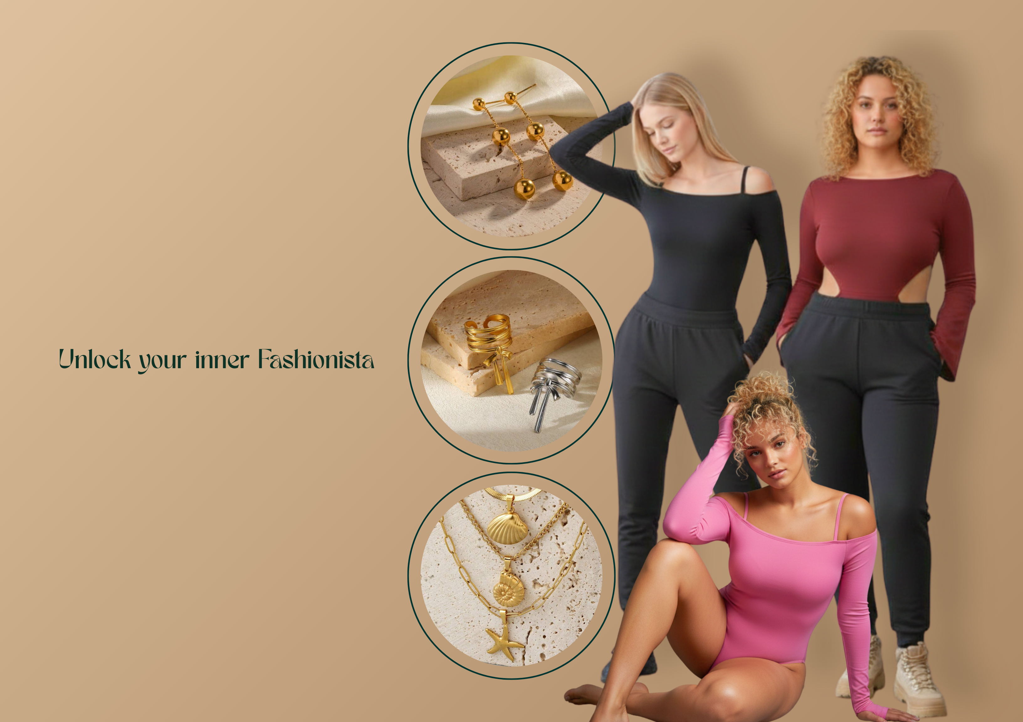 Three women in colorful bodysuits with jewelry on a beige background