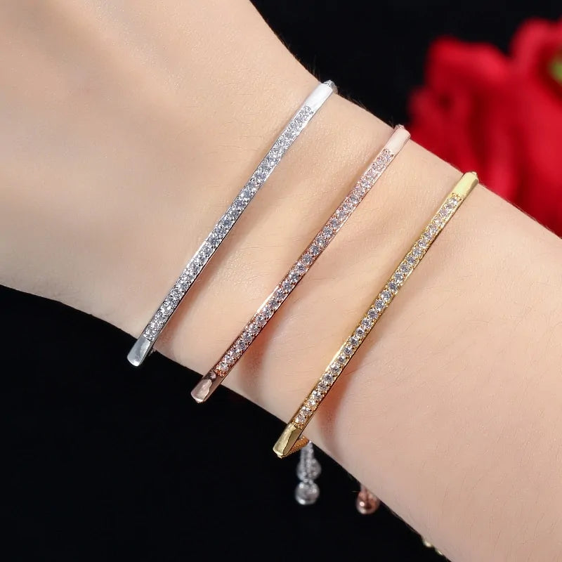 Stainless steel rhinestone adjustable - bangle bracelet