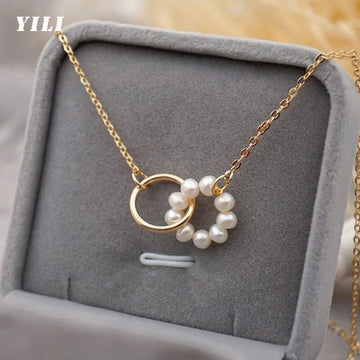 Titanium Steel linked rings pearl Necklace