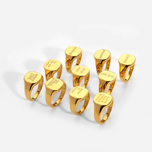 Engraved Letter Word Signet Ring: 18K Gold Plated Stainless Steel