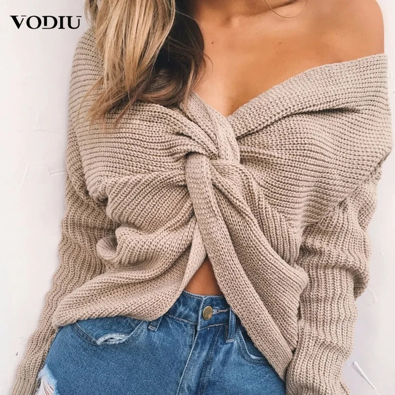 Knitted V-Neck Plus Size Sweater